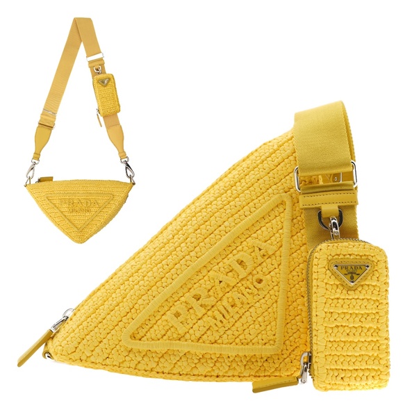 Prada Triangle Crossbody Yellow Logo Crochet 1BH190 New - Picture 1 of 8